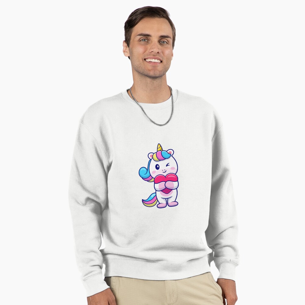 Cute Unicorn Holding a Heart Pullover Sweatshirt - unicorn fantasy design by HackerLooks