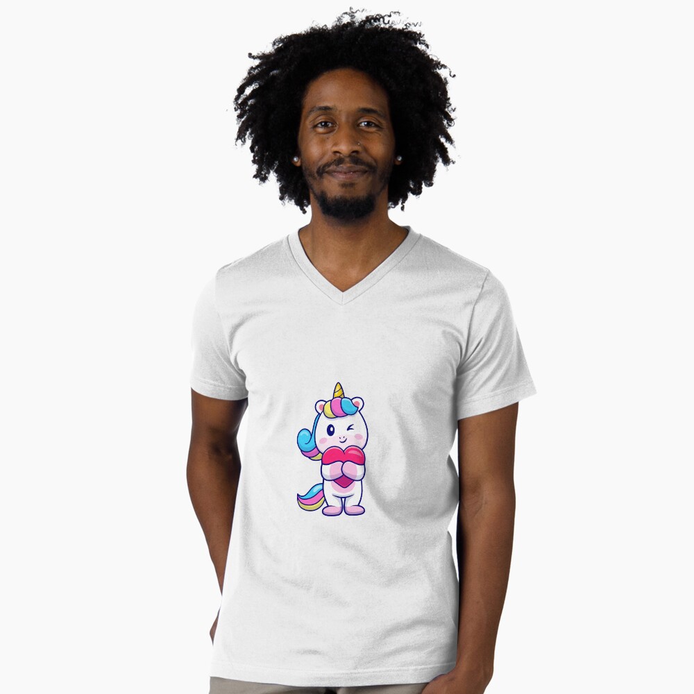 Cute Unicorn Holding a Heart V-Neck T-Shirt - unicorn fantasy design by HackerLooks