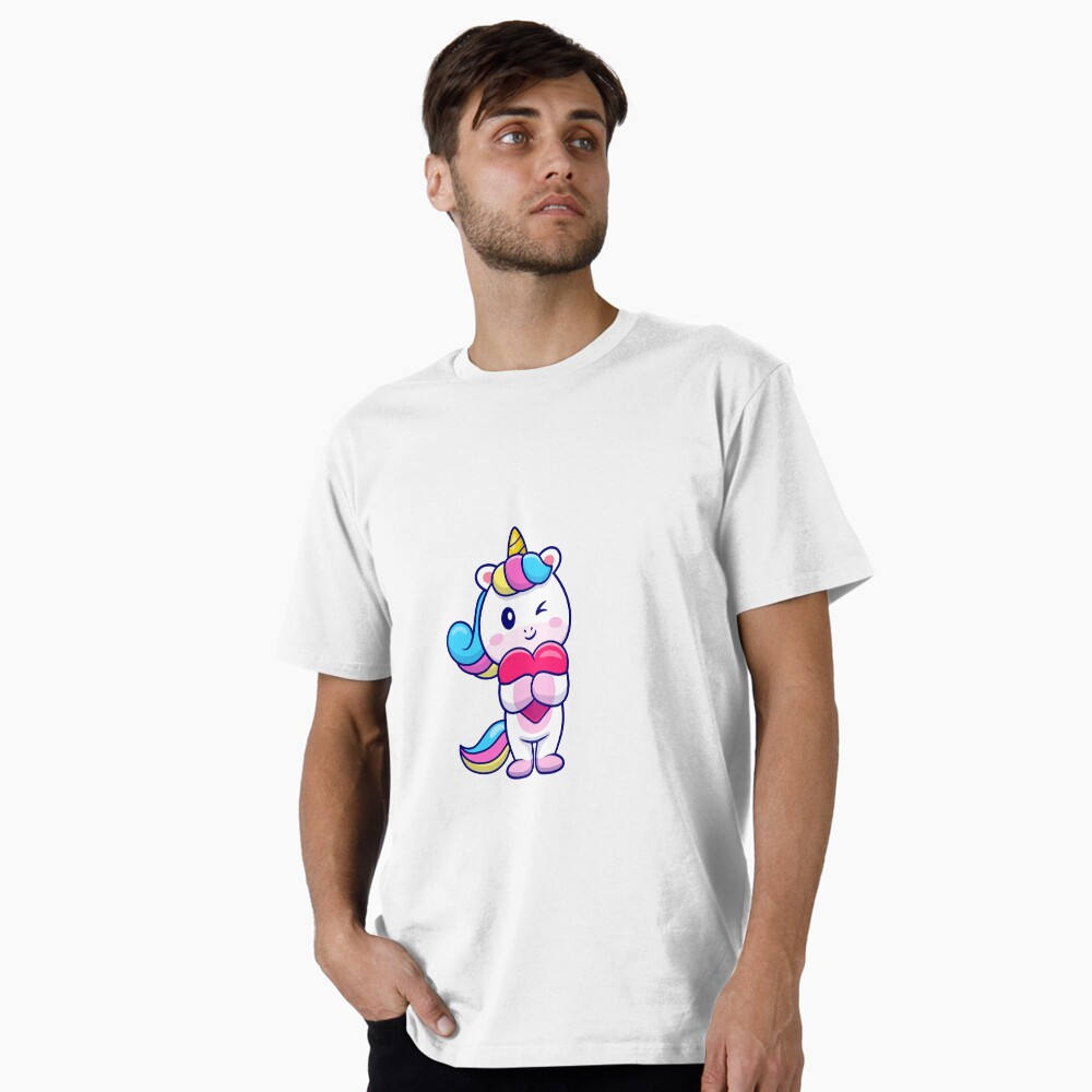 Cute Unicorn Holding a Heart Premium T-Shirt - unicorn fantasy design by HackerLooks
