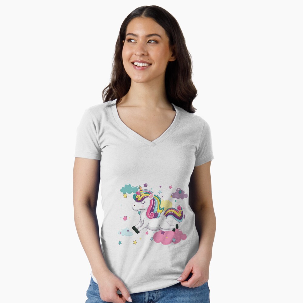 Flying Unicorn Fitted V-Neck T-Shirt - unicorn fantasy design by HackerLooks