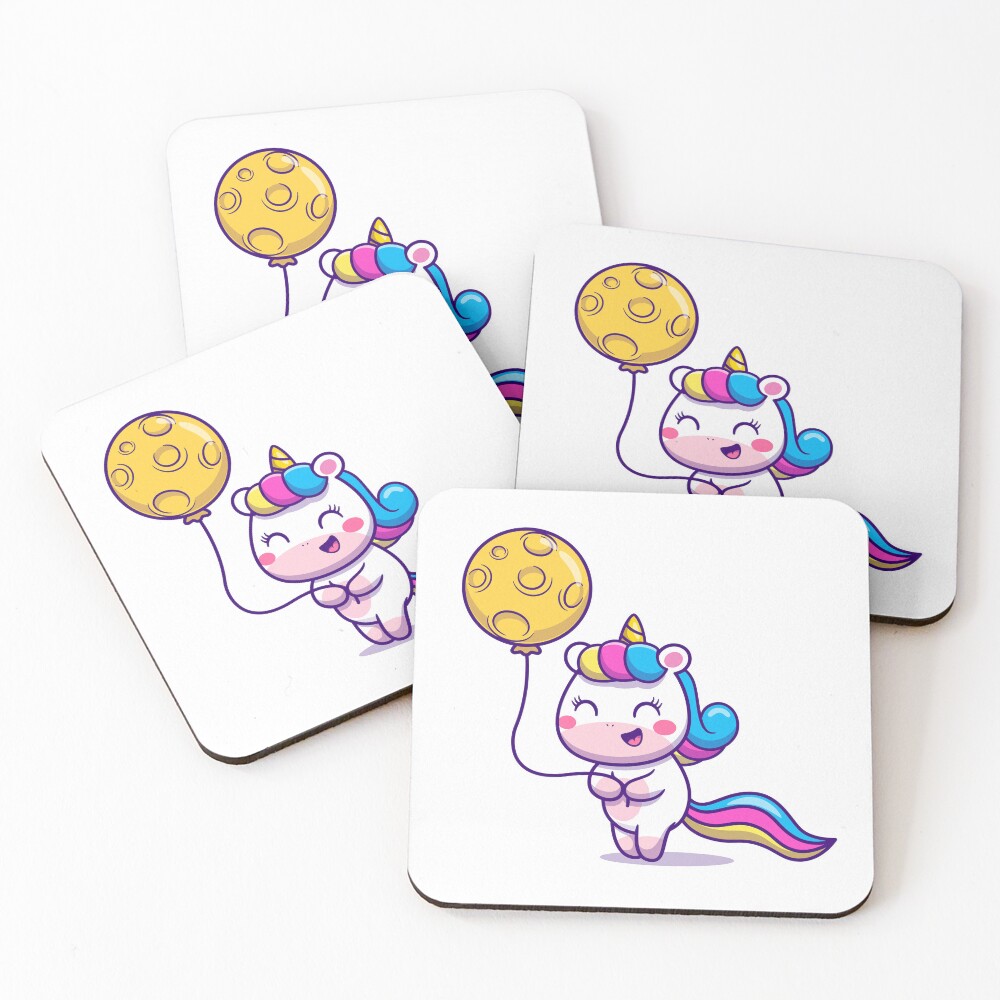 Unicorn Holding a Balloon Coasters (Set of 4) - unicorn fantasy design by HackerLooks