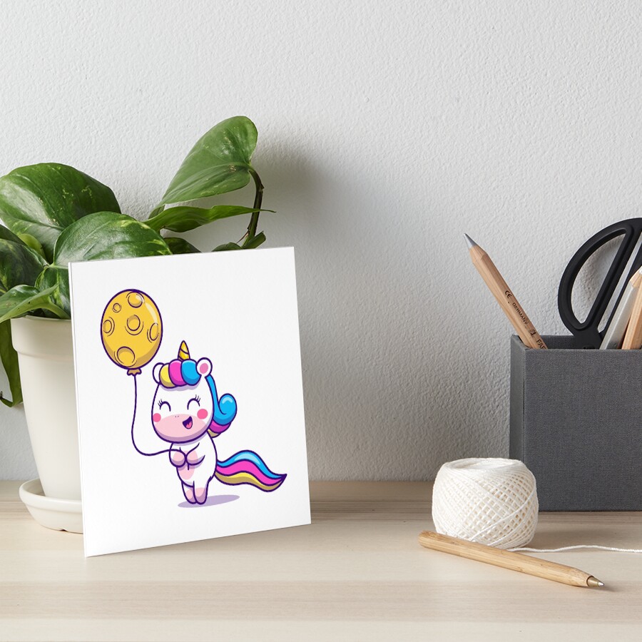 Unicorn Holding a Balloon Art Board Print - unicorn fantasy design by HackerLooks