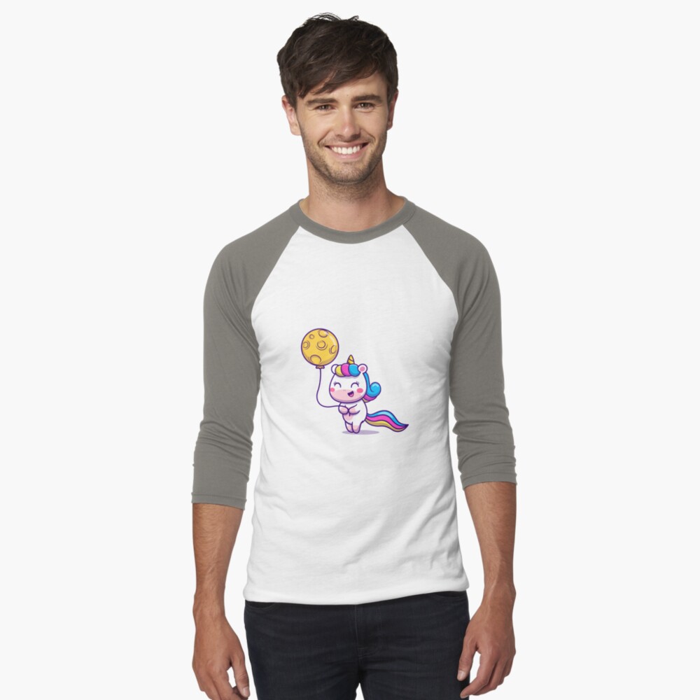 Unicorn Holding a Balloon Baseball ¾ Sleeve T-Shirt - unicorn fantasy design by HackerLooks
