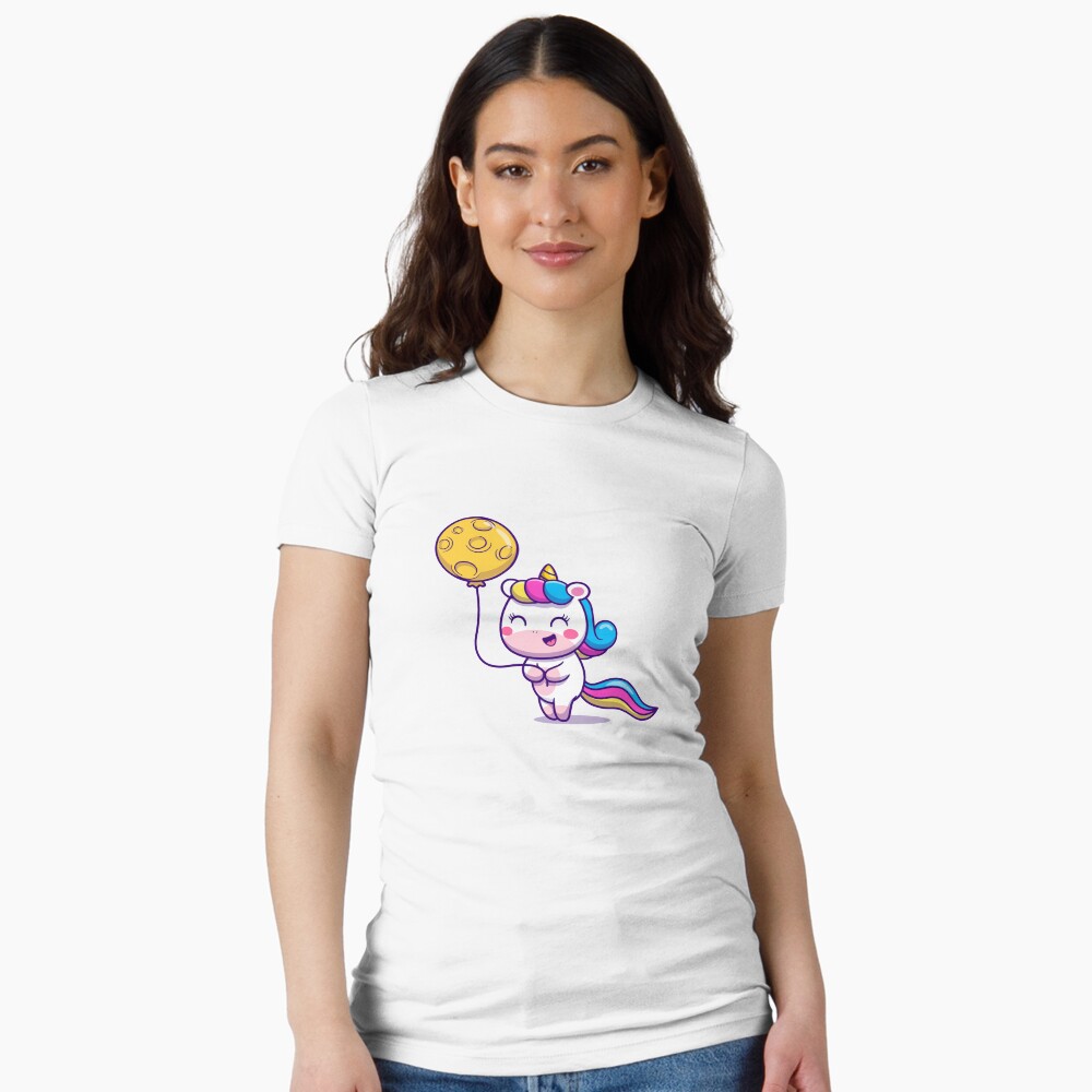 Unicorn Holding a Balloon Fitted T-Shirt - unicorn fantasy design by HackerLooks