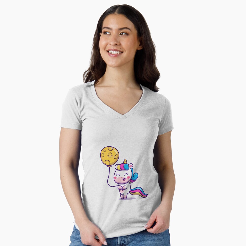 Unicorn Holding a Balloon Fitted V-Neck T-Shirt - unicorn fantasy design by HackerLooks