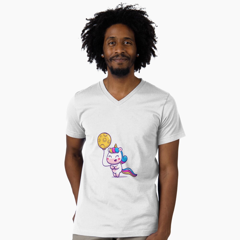 Unicorn Holding a Balloon V-Neck T-Shirt - unicorn fantasy design by HackerLooks