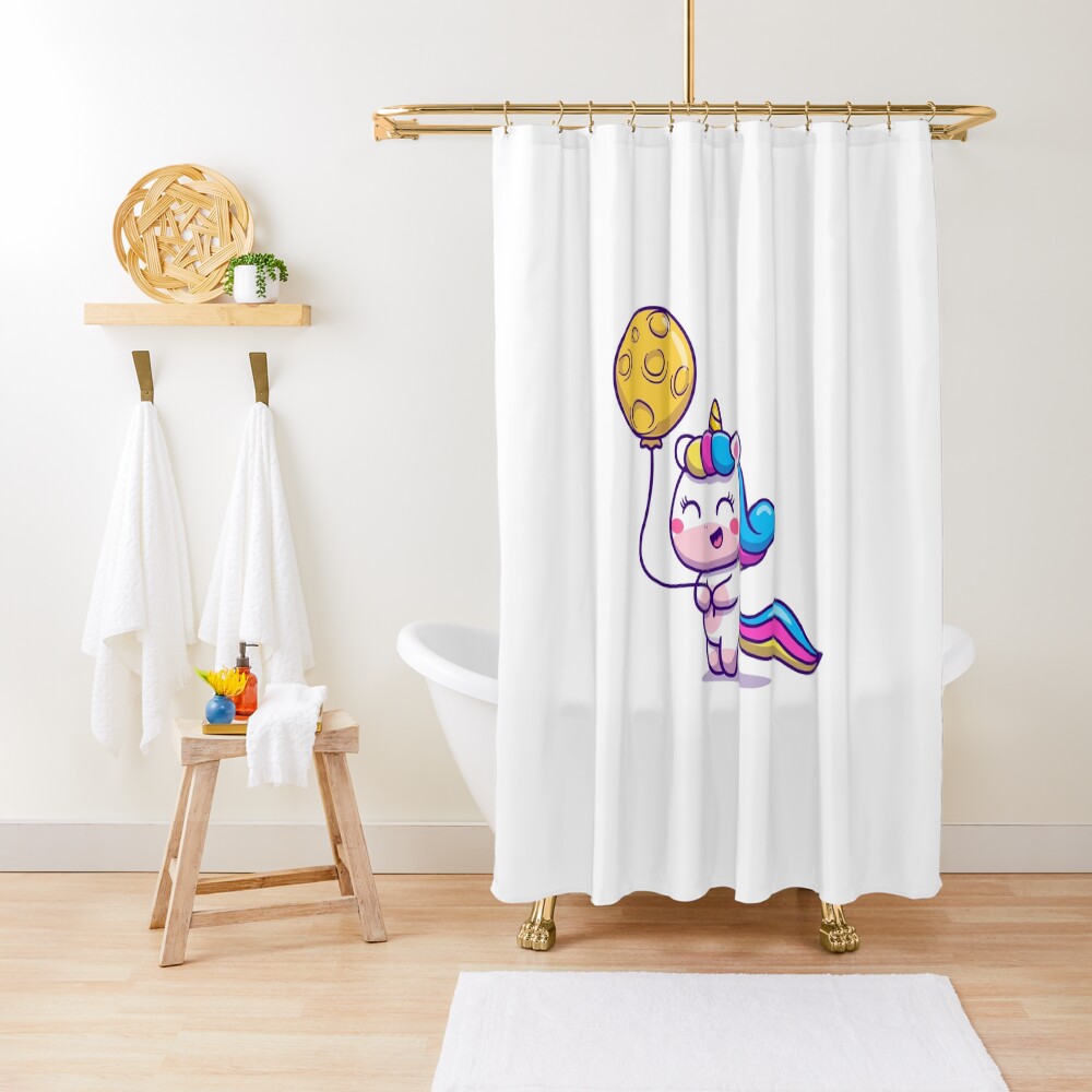 Unicorn Holding a Balloon Shower Curtain - unicorn fantasy design by HackerLooks