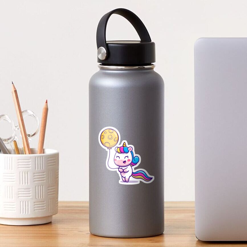 Unicorn Holding a Balloon Glossy Sticker - unicorn fantasy design by HackerLooks