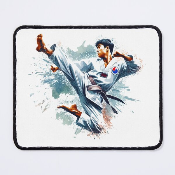 Item preview, "The Taekwondo instructor, adorned in a white Taekwondo uniform with a Taeguk symbol, leaps energetically, executing a second-degree side kick." designed and sold by PaintMeWorld.