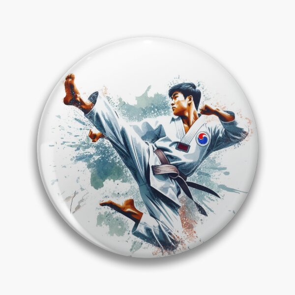 Item preview, "The Taekwondo instructor, adorned in a white Taekwondo uniform with a Taeguk symbol, leaps energetically, executing a second-degree side kick." designed and sold by PaintMeWorld.