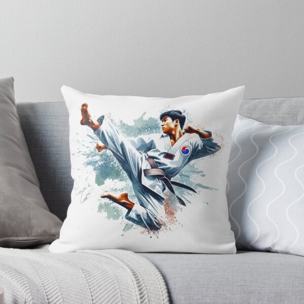 Item preview, "The Taekwondo instructor, adorned in a white Taekwondo uniform with a Taeguk symbol, leaps energetically, executing a second-degree side kick." designed and sold by PaintMeWorld.