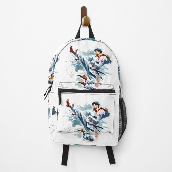 Item preview, "The Taekwondo instructor, adorned in a white Taekwondo uniform with a Taeguk symbol, leaps energetically, executing a second-degree side kick." designed and sold by PaintMeWorld.