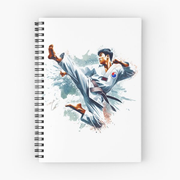 Item preview, "The Taekwondo instructor, adorned in a white Taekwondo uniform with a Taeguk symbol, leaps energetically, executing a second-degree side kick." designed and sold by PaintMeWorld.