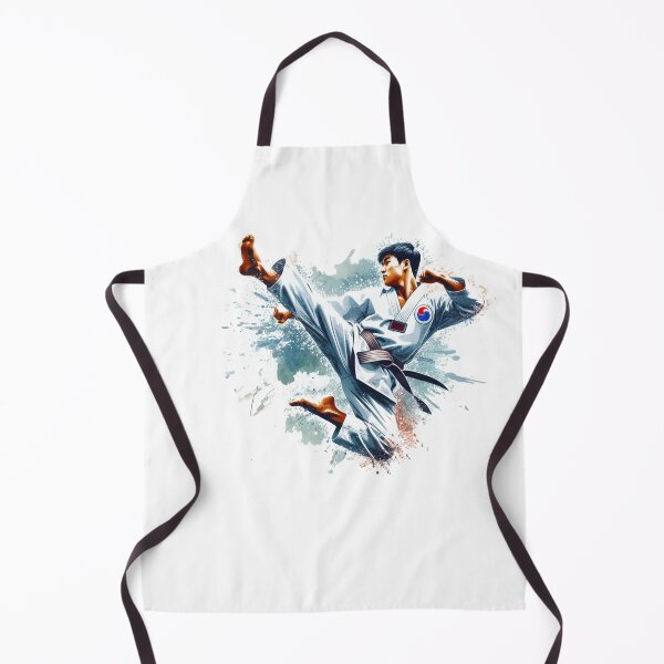 Item preview, "The Taekwondo instructor, adorned in a white Taekwondo uniform with a Taeguk symbol, leaps energetically, executing a second-degree side kick." designed and sold by PaintMeWorld.
