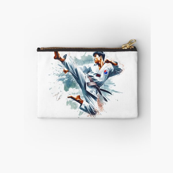 Item preview, "The Taekwondo instructor, adorned in a white Taekwondo uniform with a Taeguk symbol, leaps energetically, executing a second-degree side kick." designed and sold by PaintMeWorld.