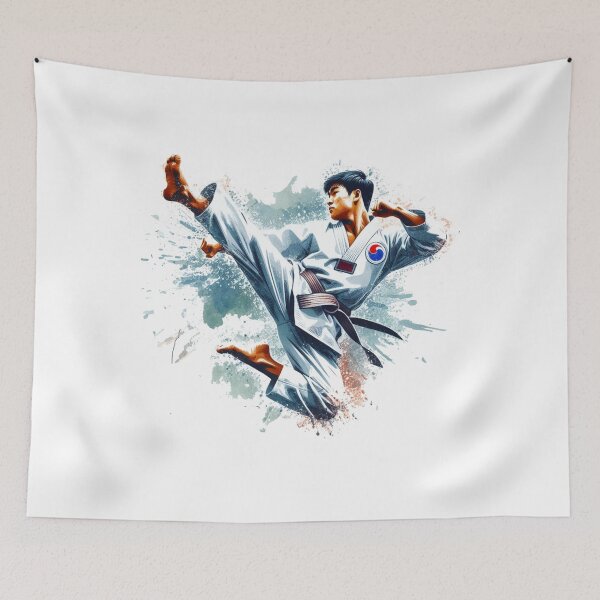 Item preview, "The Taekwondo instructor, adorned in a white Taekwondo uniform with a Taeguk symbol, leaps energetically, executing a second-degree side kick." designed and sold by PaintMeWorld.
