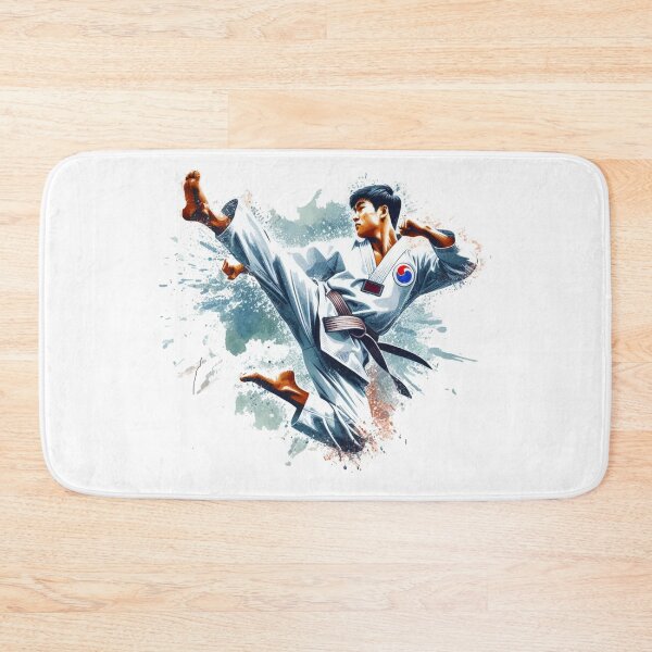Item preview, "The Taekwondo instructor, adorned in a white Taekwondo uniform with a Taeguk symbol, leaps energetically, executing a second-degree side kick." designed and sold by PaintMeWorld.