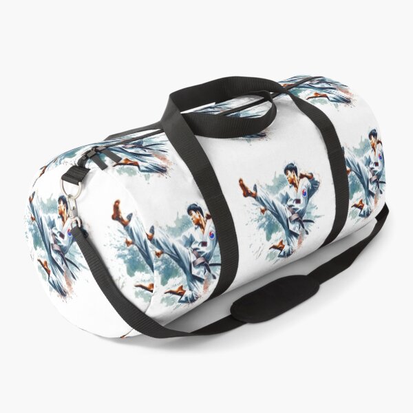 Item preview, "The Taekwondo instructor, adorned in a white Taekwondo uniform with a Taeguk symbol, leaps energetically, executing a second-degree side kick." designed and sold by PaintMeWorld.