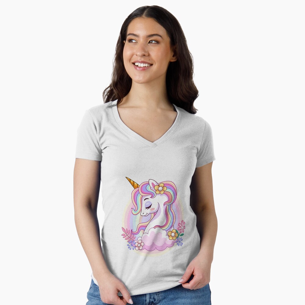 Unicorn and Roses Fitted V-Neck T-Shirt - unicorn fantasy design by HackerLooks