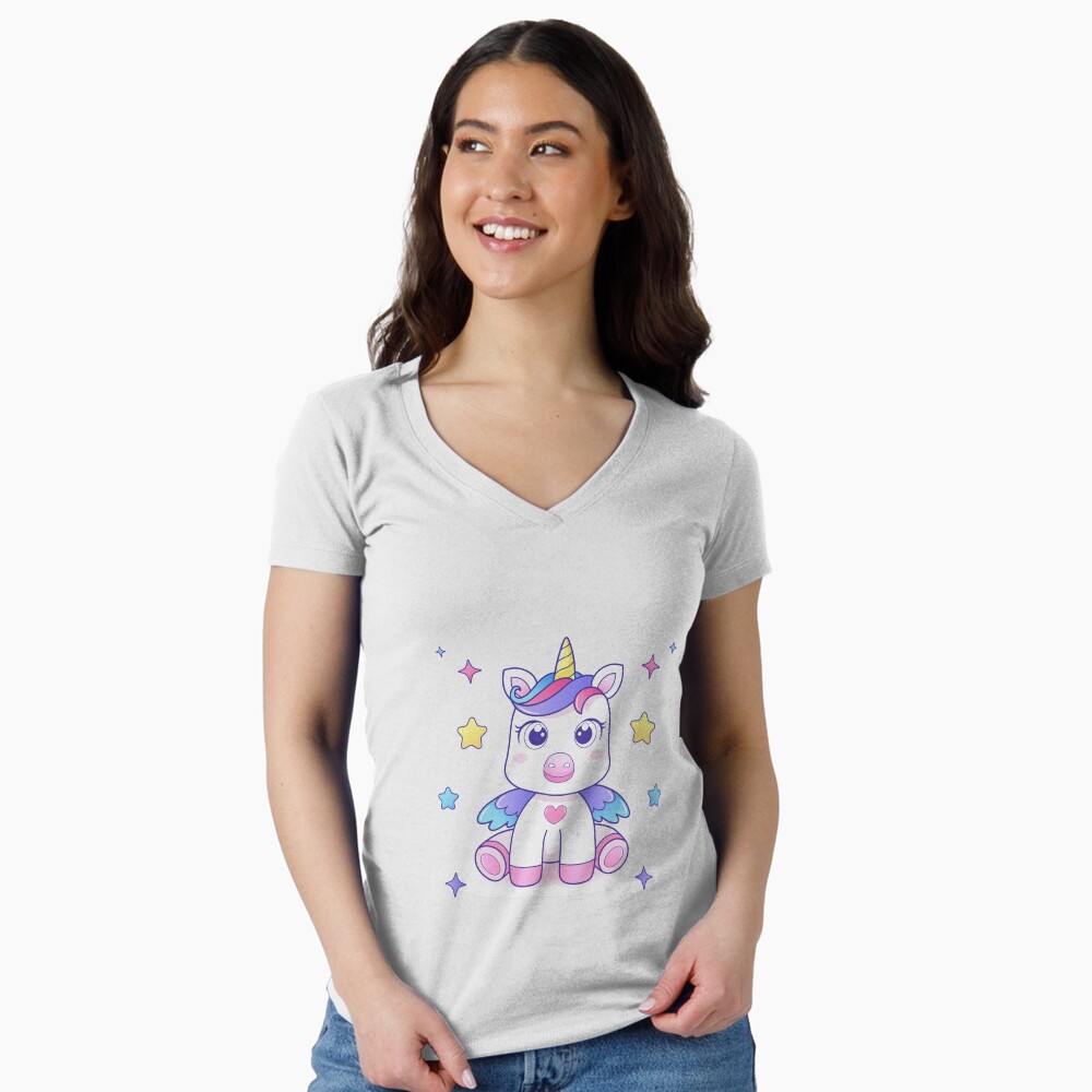 Super Cute Unicorn Fitted V-Neck T-Shirt - unicorn fantasy design by HackerLooks