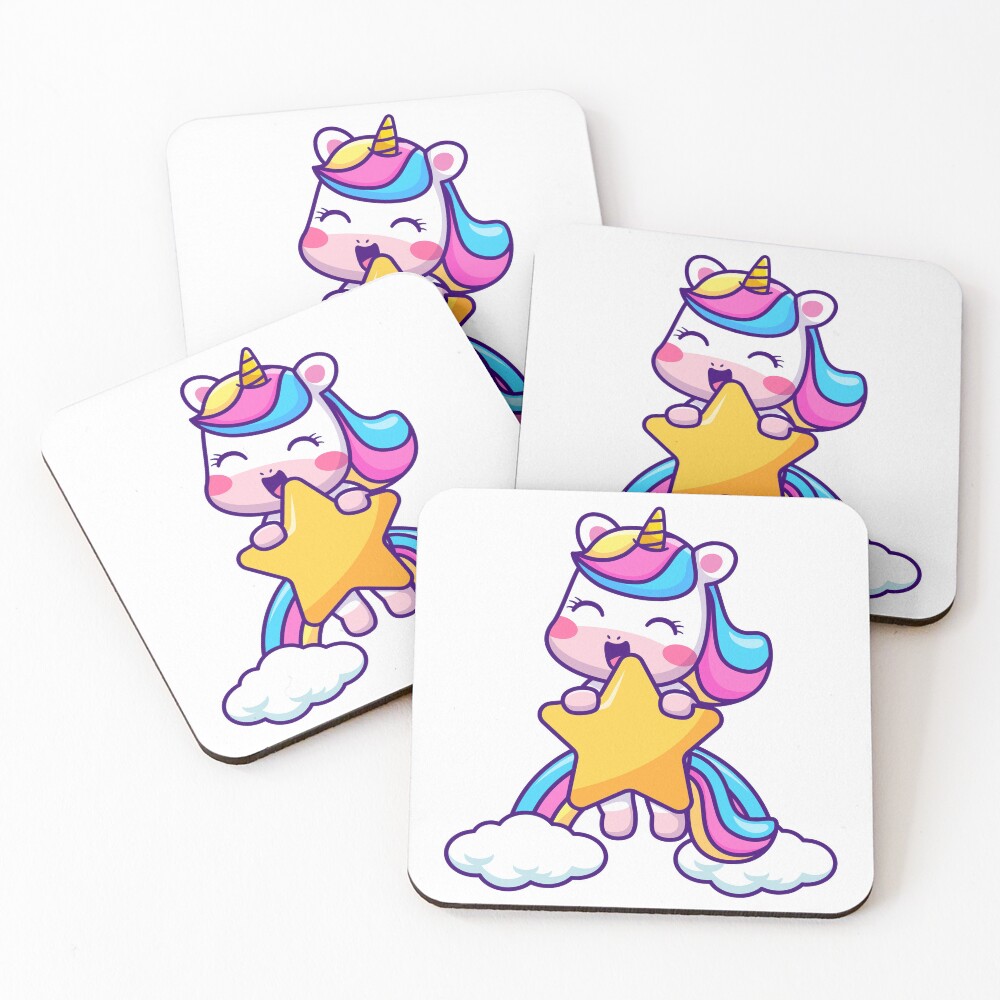 Unicorn Holding a Star Coasters (Set of 4) - unicorn fantasy design by HackerLooks