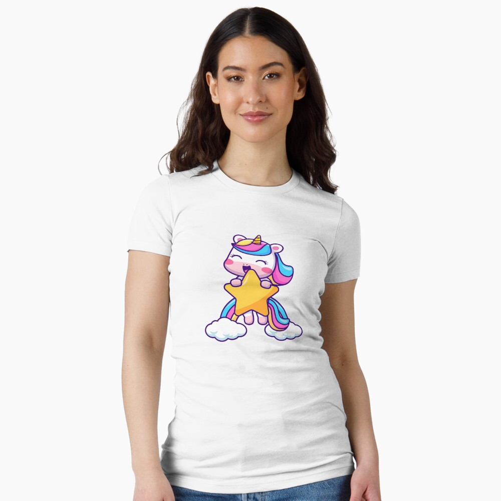 Unicorn Holding a Star Fitted T-Shirt - unicorn fantasy design by HackerLooks
