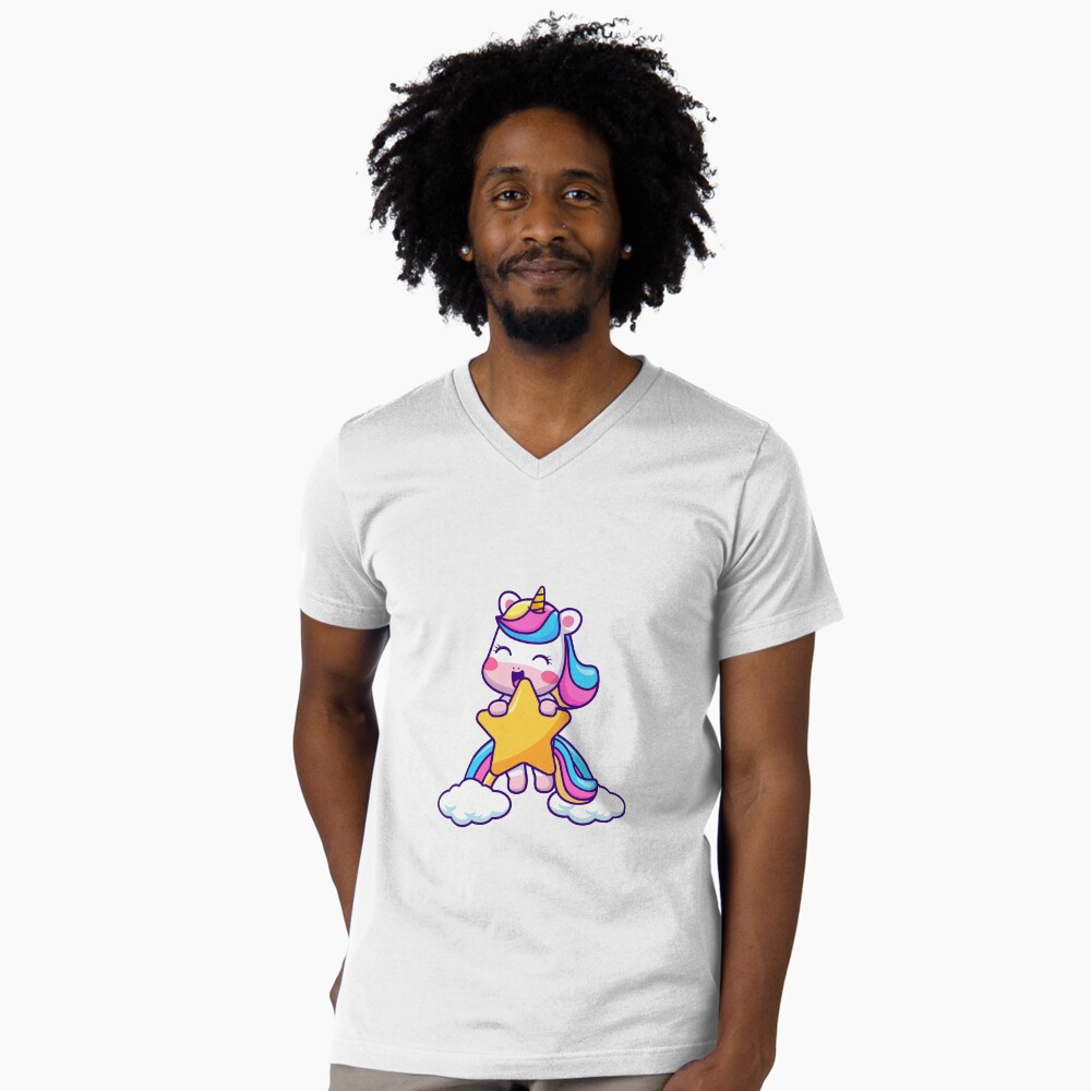 Unicorn Holding a Star V-Neck T-Shirt - unicorn fantasy design by HackerLooks