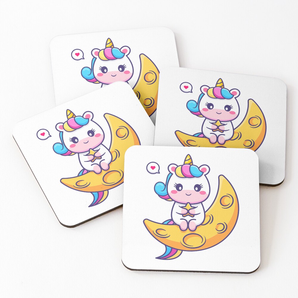 Chillin' on the Crescent Moon Coasters (Set of 4) - unicorn fantasy design by HackerLooks