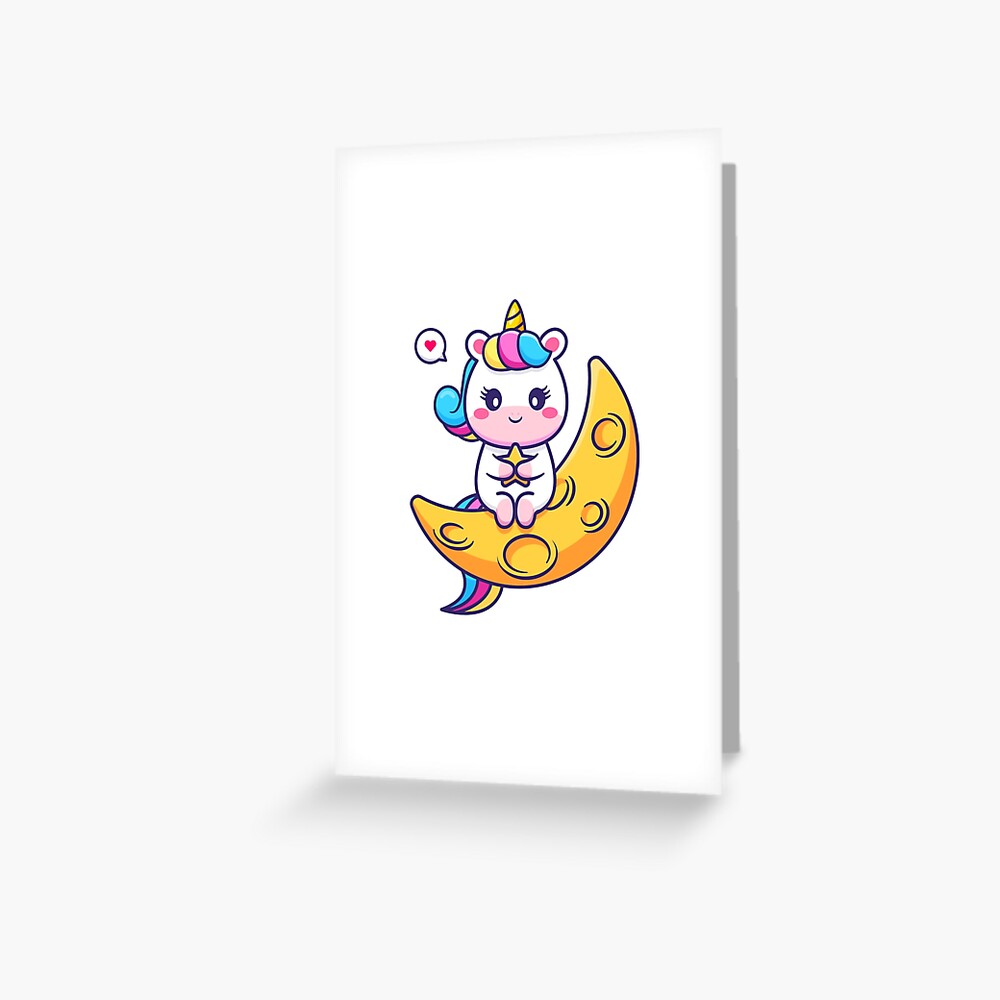 Chillin' on the Crescent Moon Greeting Card - unicorn fantasy design by HackerLooks