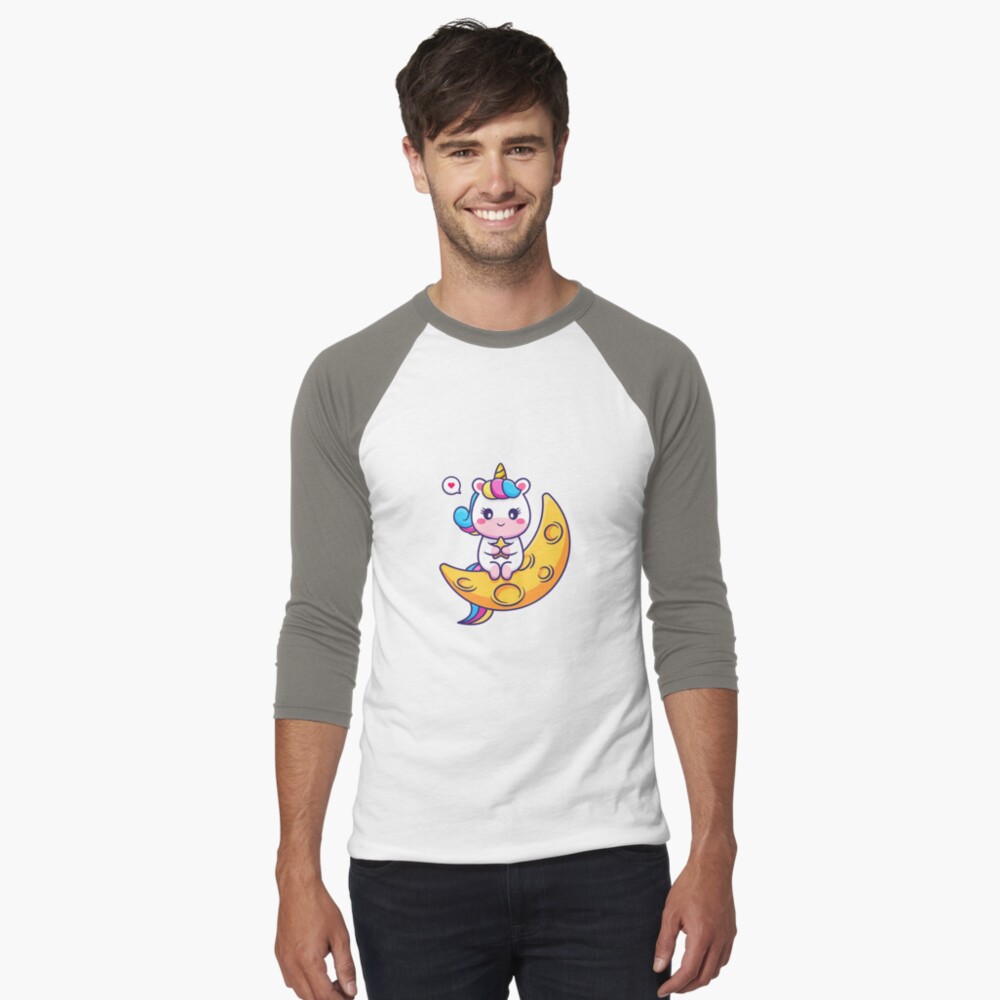 Chillin' on the Crescent Moon Baseball ¾ Sleeve T-Shirt - unicorn fantasy design by HackerLooks