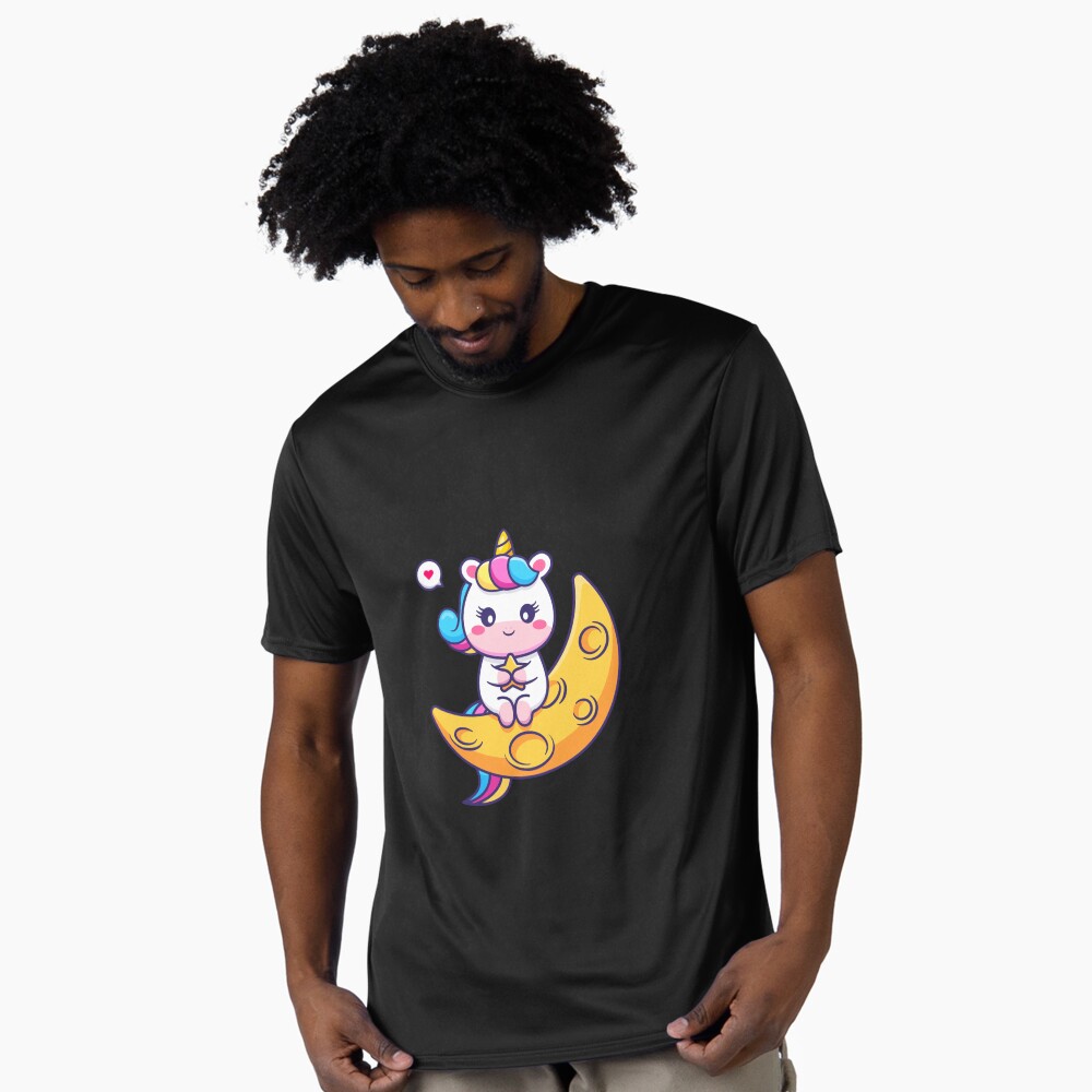 Chillin' on the Crescent Moon Active T-Shirt - unicorn fantasy design by HackerLooks