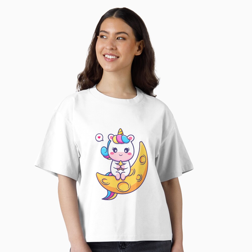 Chillin' on the Crescent Moon Boxy T-Shirt - unicorn fantasy design by HackerLooks