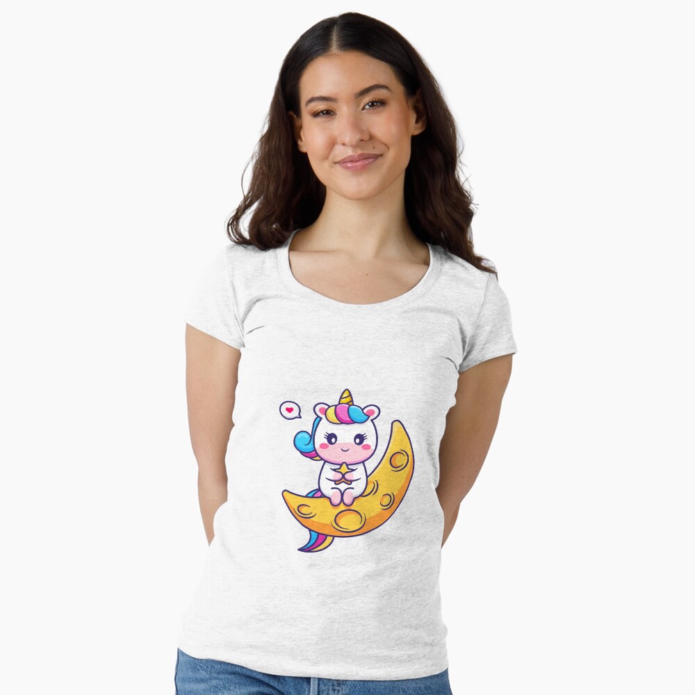 Chillin' on the Crescent Moon Fitted Scoop T-Shirt - unicorn fantasy design by HackerLooks