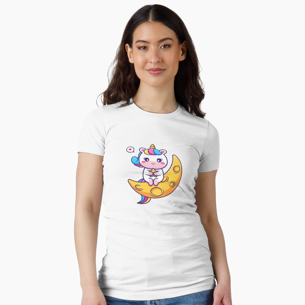 Chillin' on the Crescent Moon Fitted T-Shirt - unicorn fantasy design by HackerLooks