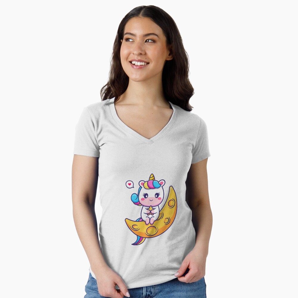 Chillin' on the Crescent Moon Fitted V-Neck T-Shirt - unicorn fantasy design by HackerLooks