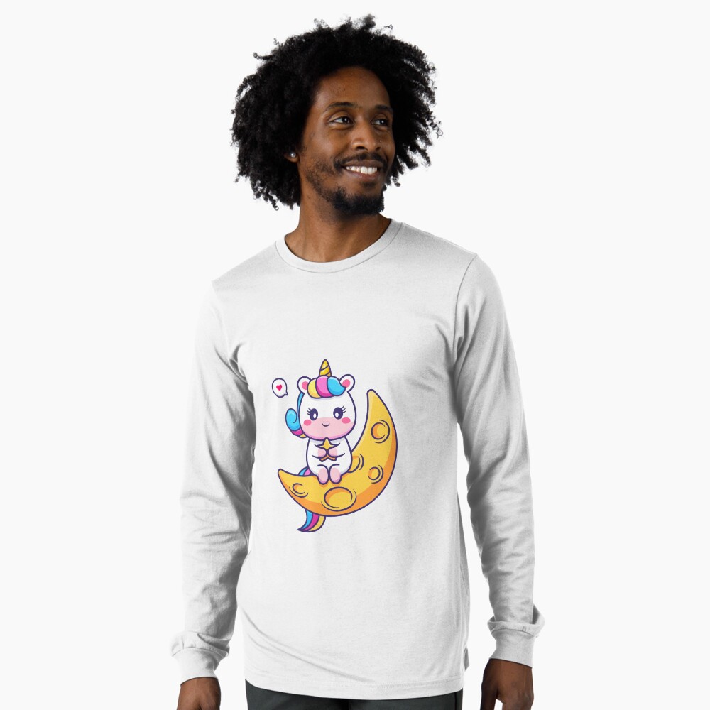 Chillin' on the Crescent Moon Long Sleeve T-Shirt - unicorn fantasy design by HackerLooks