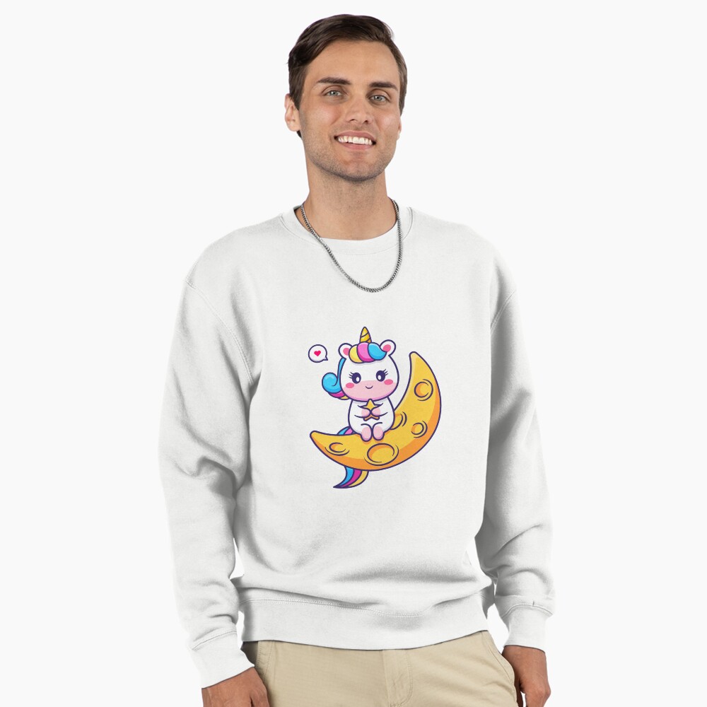 Chillin' on the Crescent Moon Pullover Sweatshirt - unicorn fantasy design by HackerLooks