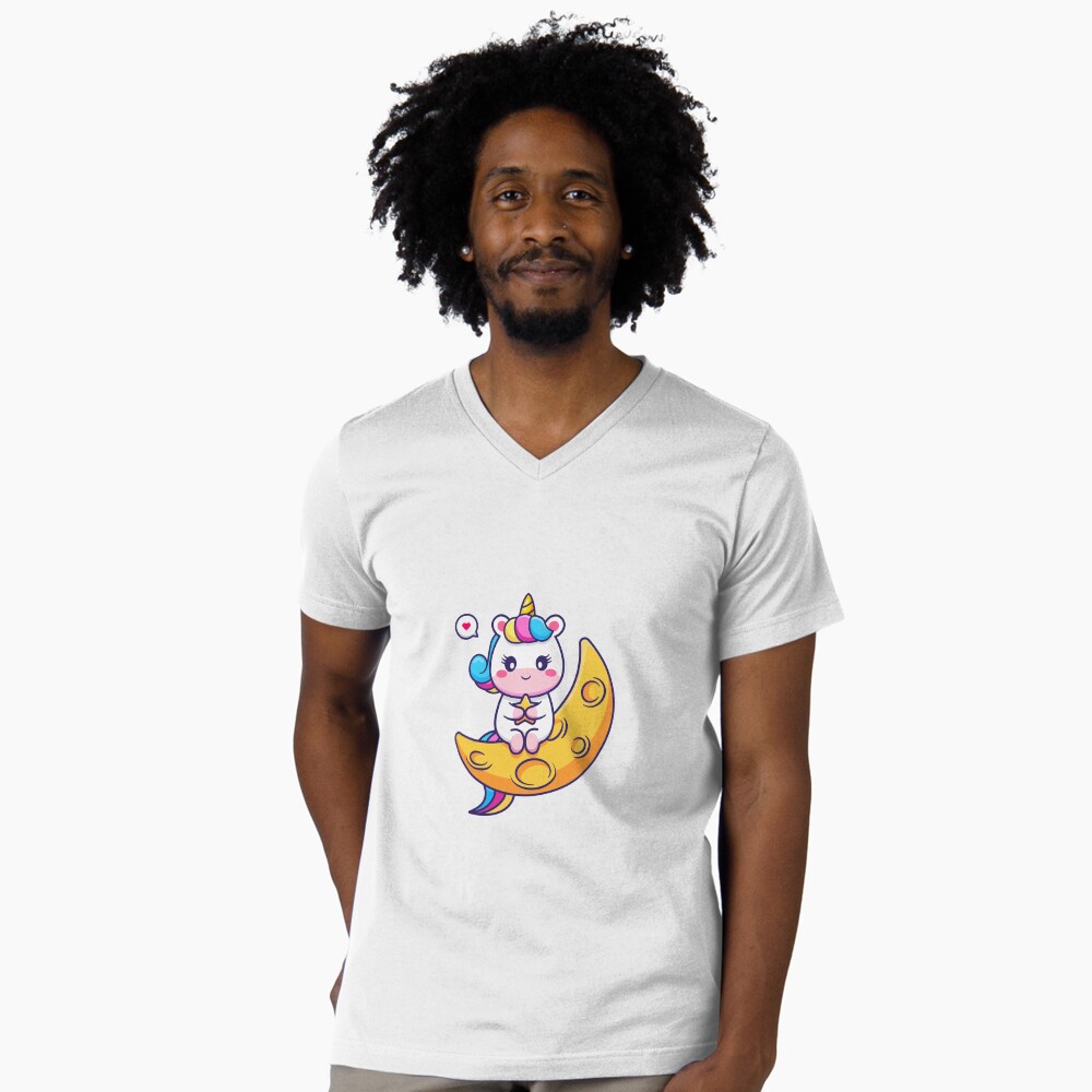 Chillin' on the Crescent Moon V-Neck T-Shirt - unicorn fantasy design by HackerLooks