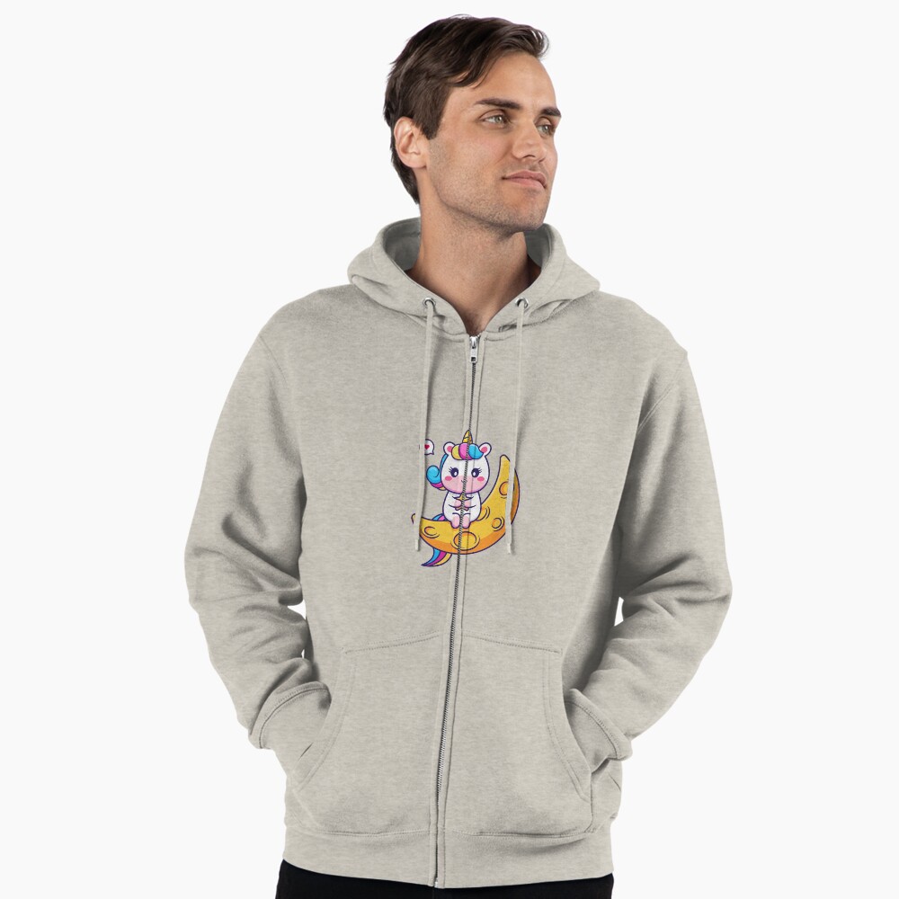 Chillin' on the Crescent Moon Zipped Hoodie - unicorn fantasy design by HackerLooks