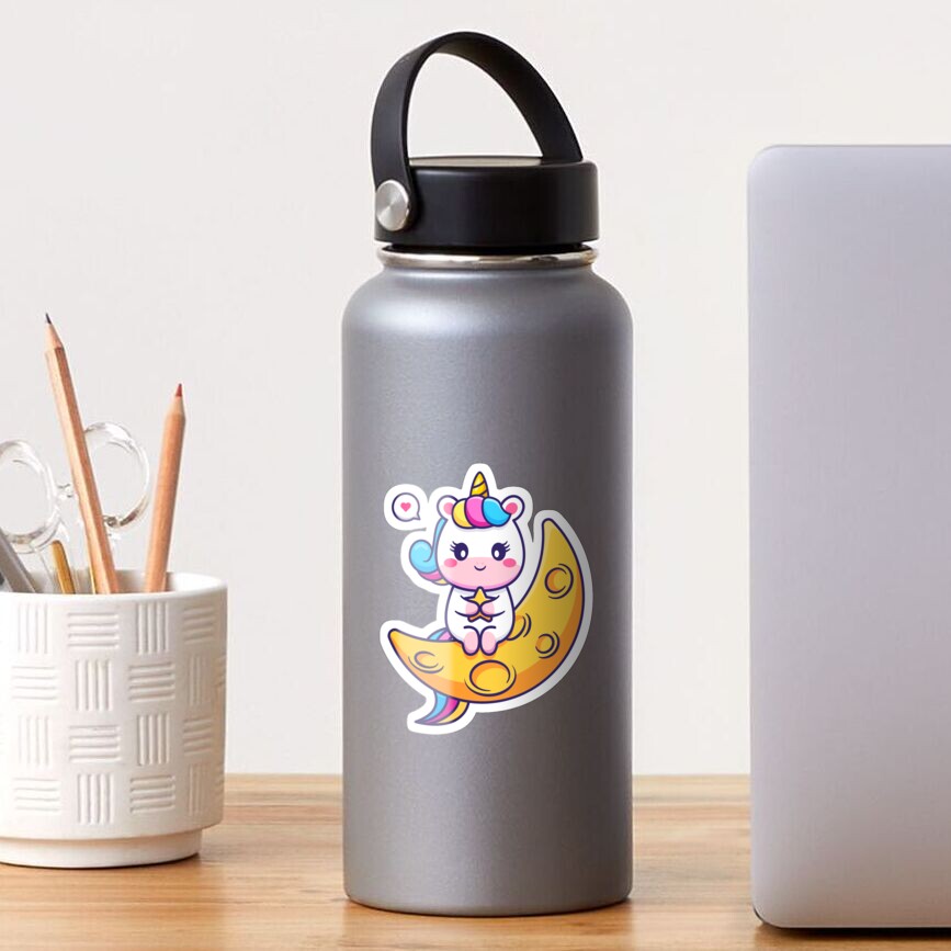 Chillin' on the Crescent Moon Glossy Sticker - unicorn fantasy design by HackerLooks