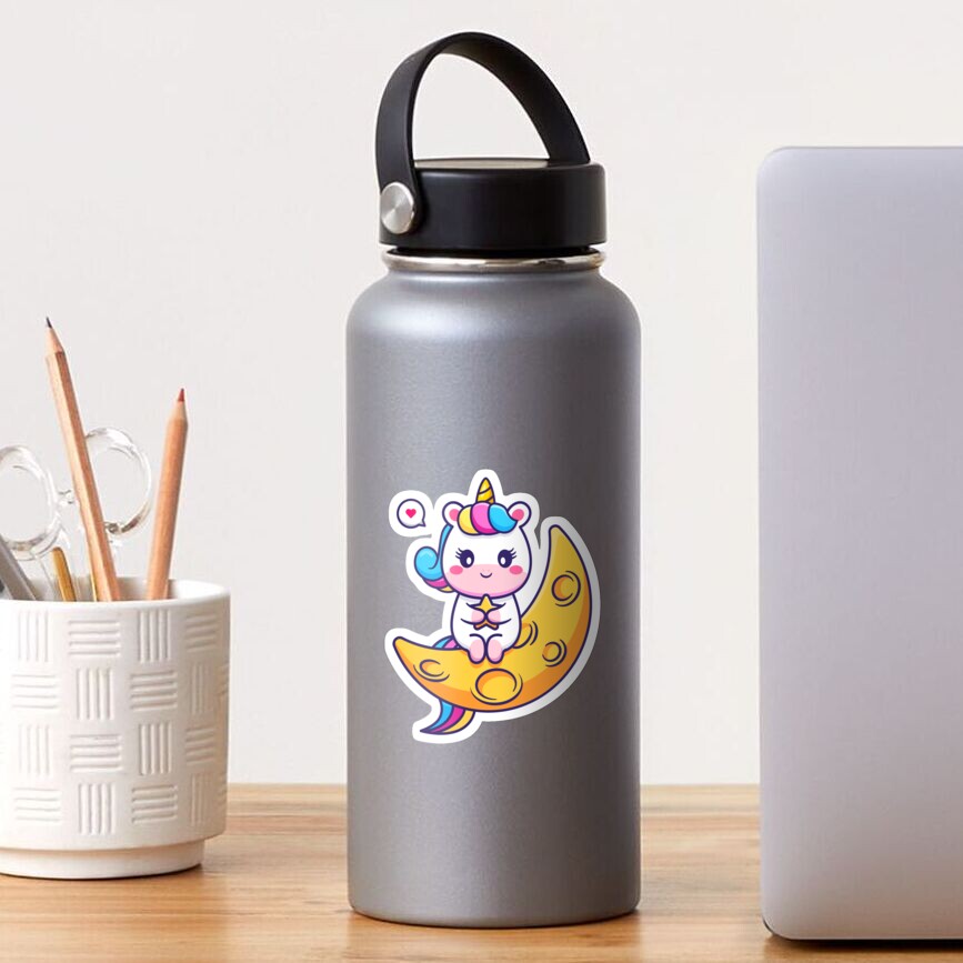Chillin' on the Crescent Moon Sticker - unicorn fantasy design by HackerLooks