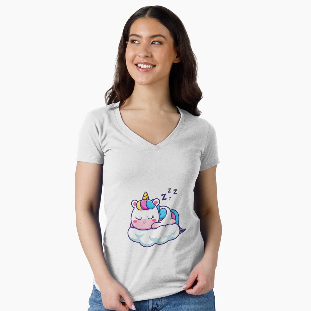Unicorn Sleeping on a Cloud Fitted V-Neck T-Shirt - unicorn fantasy design by HackerLooks