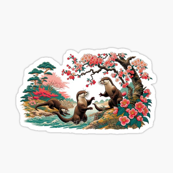 Item preview, River Otters – Ukiyo-e Inspired Playful Nature Scene designed and sold by TidalEchoes.