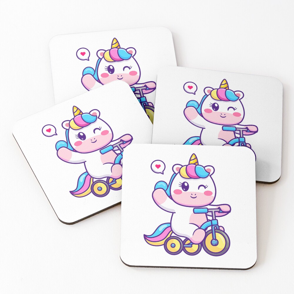 Unicorn on a Bike Coasters (Set of 4) - unicorn fantasy design by HackerLooks