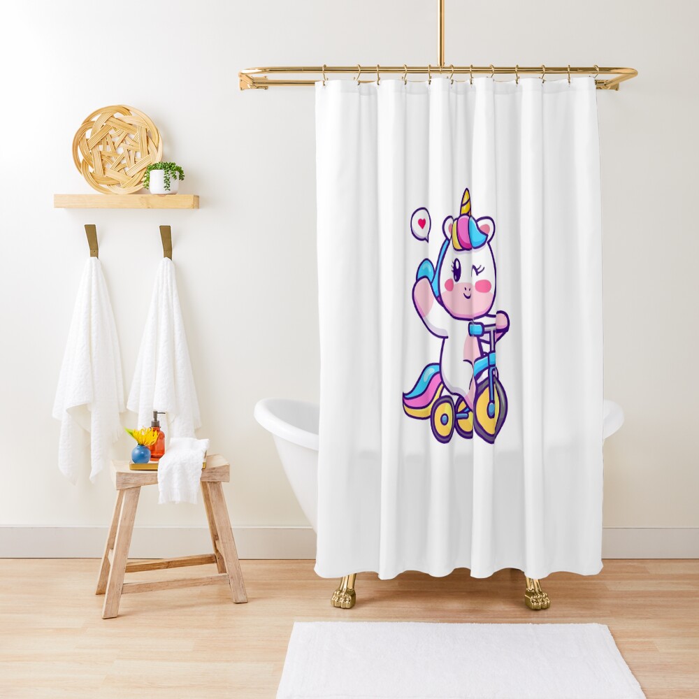 Unicorn on a Bike Shower Curtain - unicorn fantasy design by HackerLooks