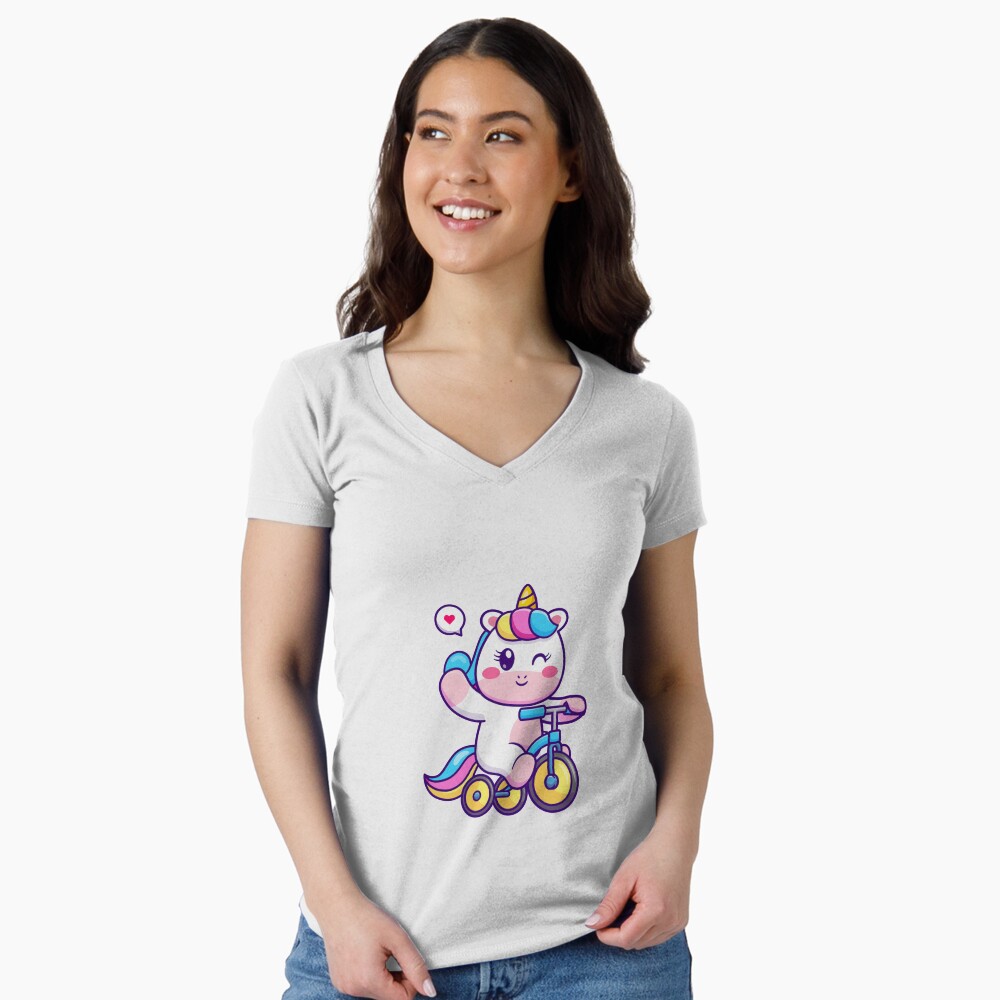 Unicorn on a Bike Fitted V-Neck T-Shirt - unicorn fantasy design by HackerLooks
