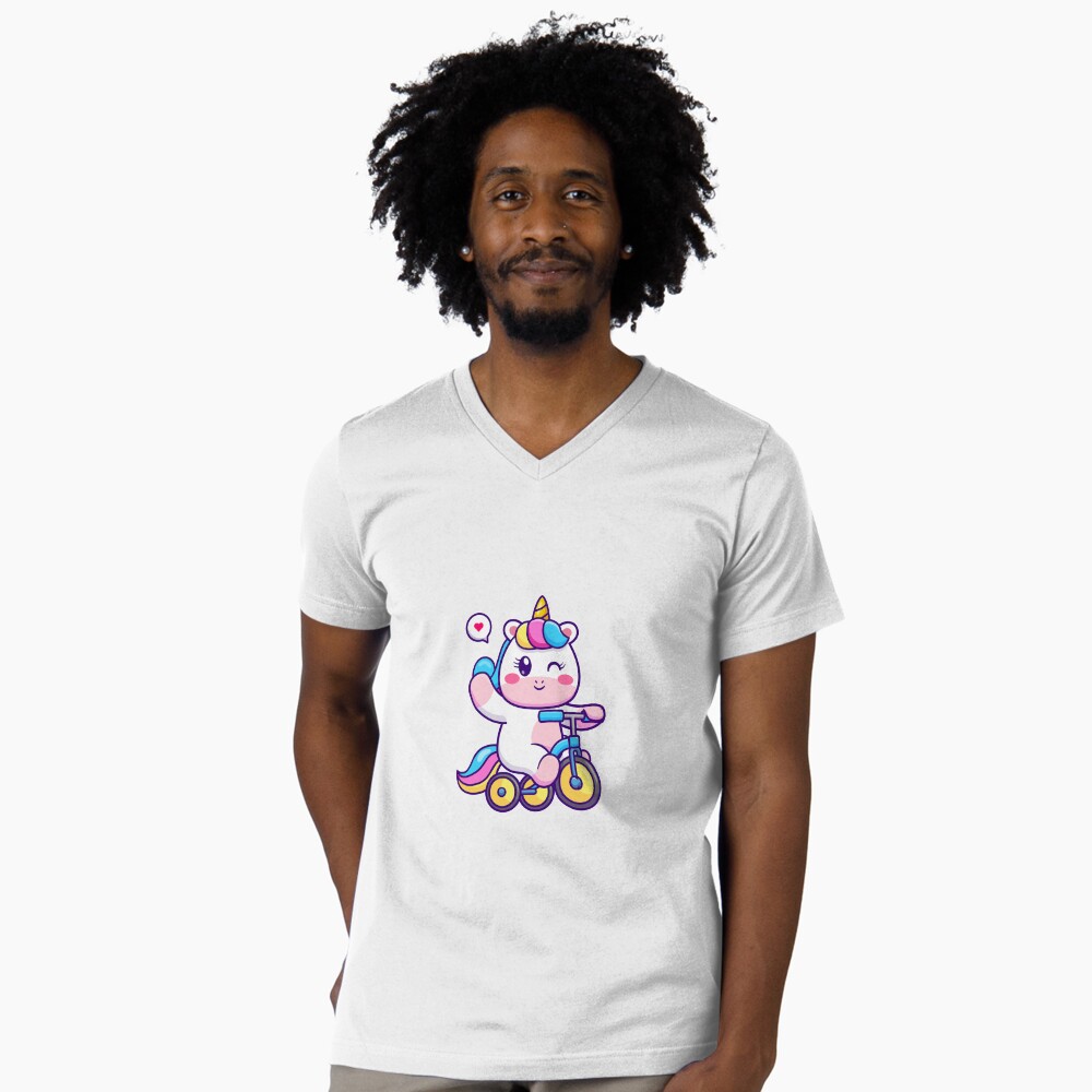 Unicorn on a Bike V-Neck T-Shirt - unicorn fantasy design by HackerLooks