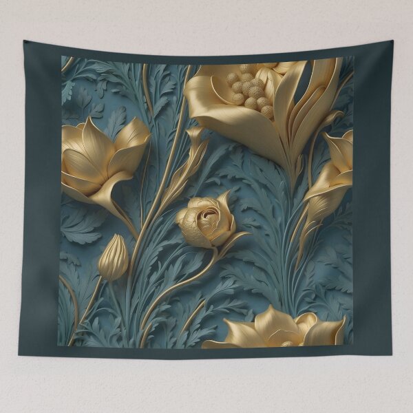 Item preview, Roses and Lilies - Floral 3D Relief Pattern in Gold and Teal #23 designed and sold by GoldenEraArt.