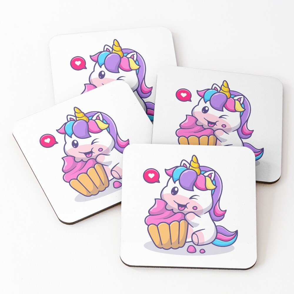 Super Cute Unicorn Eating Cake Coasters (Set of 4) - unicorn fantasy design by HackerLooks