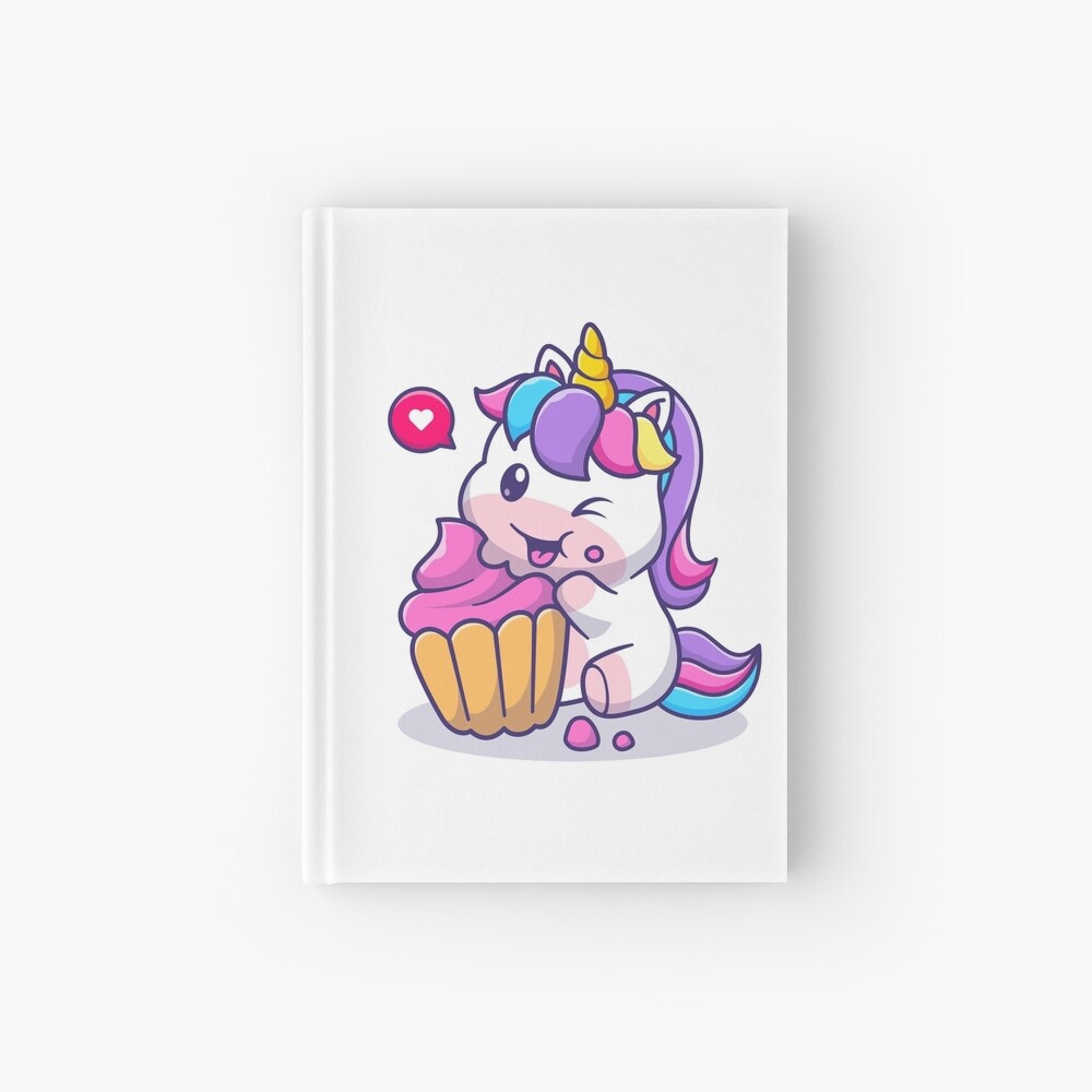 Super Cute Unicorn Eating Cake Hardcover Journal - unicorn fantasy design by HackerLooks
